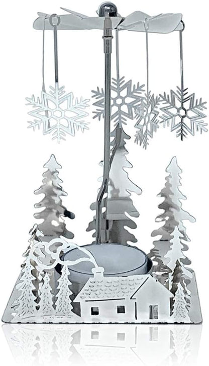 Skiennix Winter Holiday Cabin Silver Candle Spinner - Silver Plated Laser Cut Scene - 5" Tea Light Holder