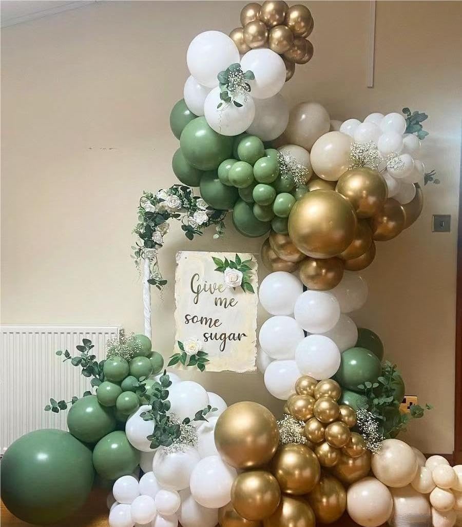 MEBAY Balloon Garland Arch Kit - Sage Green & White Gold | 146 Pcs Latex Balloons in Various Sizes for Birthday, Baby Shower, Wedding Decor