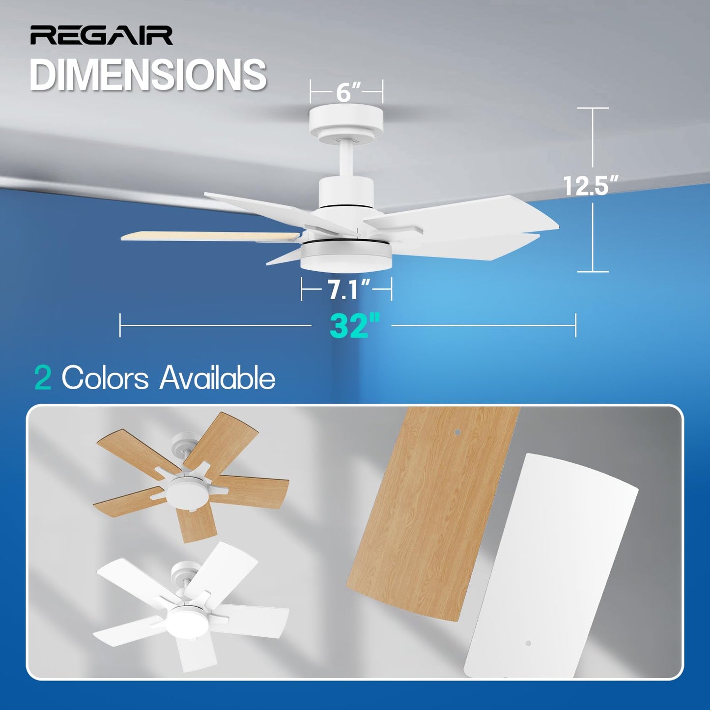 Regair Small Ceiling Fan With Light 32 Inch, Remote Control DC Motors, 3CCT 3000K-4000K-6500K Dimmable Timer Noiseless, Modern White Compact Ceiling Fan for Indoor & Outdoor