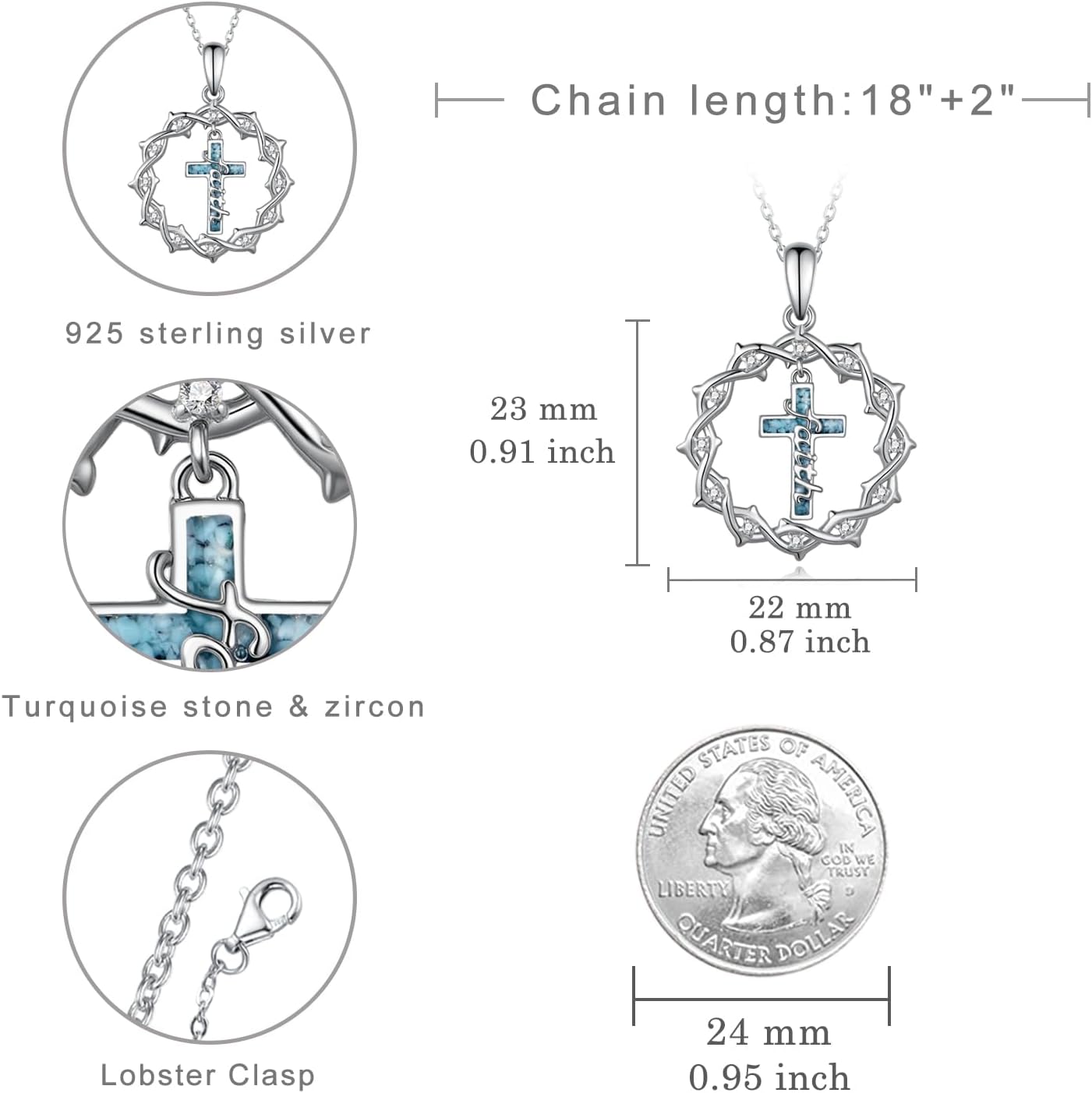Regine Switzerland 925 Sterling Silver Cross Necklace - Turquoise Crown of Thorns Pendant for Women