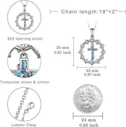 Regine Switzerland 925 Sterling Silver Cross Necklace - Turquoise Crown of Thorns Pendant for Women