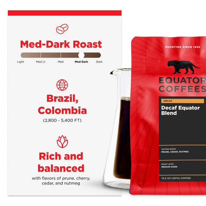 Equator Coffees, Equator Blend Decaf Ground Coffee, Medium Dark Roast, Fresh Roasted, Smooth Chocolate Nutmeg Flavor Notes, Sustainable, Decaffeinated Water Process, 10.5 oz Bag