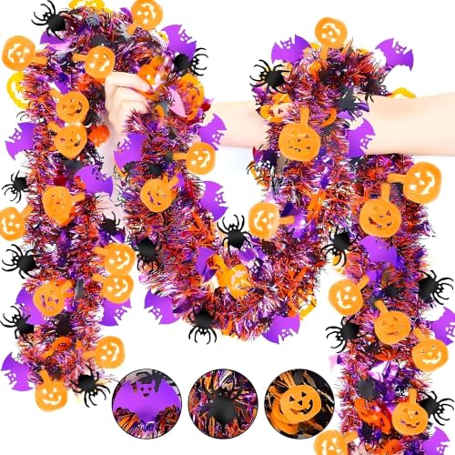 Halloween Tinsel Garland 6.5Ft 2-Pack Orange Purple Pumpkin Spider Bat Decor
