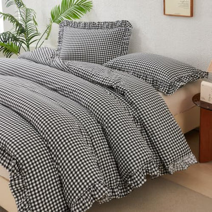 Gingham Checkered Twin Comforter Set with Ruffle Edges - Black & White