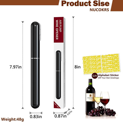Wine Bottle Opener with Foil Cutter - NUCOKRS Air Pump Aeropop Corkscrew, Pen Style Opens in 3-7 Pumps, Effortless & No Damage to Cork, Compact Gift for Wine Lovers (Black)
