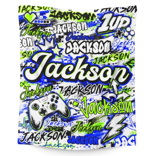 Custom Light Blue Gaming Blanket with Name for Boys - Kids Gift