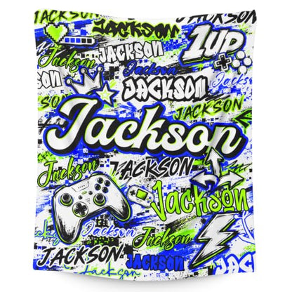 Custom Light Blue Gaming Blanket with Name for Boys - Kids Gift