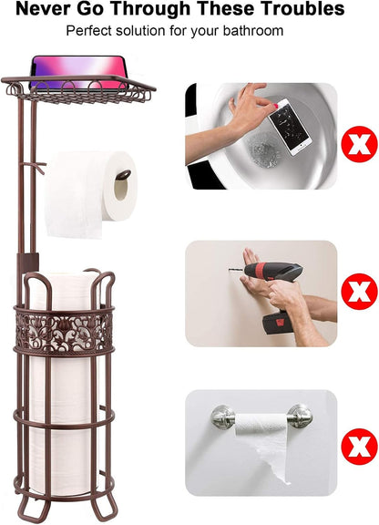 Skiennix Toilet Paper Holder Stand - Sturdy Freestanding Dispenser for 3 Jumbo Rolls | Floral Pattern, Bronze Red