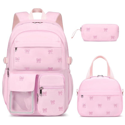 Embroidered 3Pcs Girls Backpack Set with Lunch Bag - Pink Bow Variation