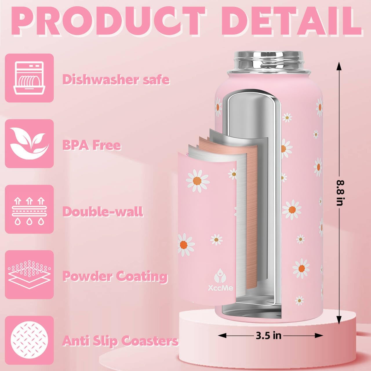 Skiennix Pink Daisy Water Bottle - 32oz Insulated with Flip Straw & Handle | Leak-Proof Stainless Steel Gift for Women & Teens