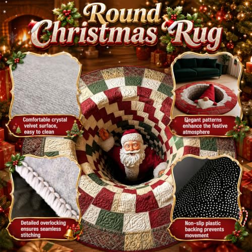 Christmas 3D Optical Illusion Round Rug - Holiday Floor Mat 40x40in (#U)