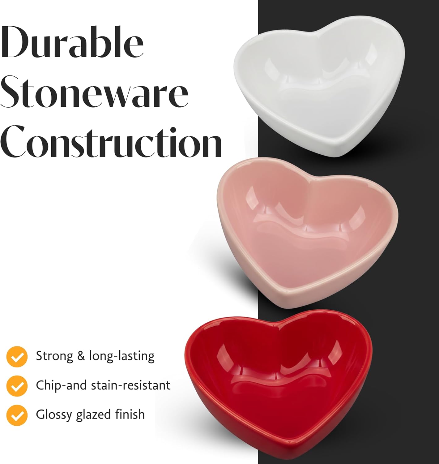 BIA Heart Dish Set - 3-Piece 6 oz Heart Shaped Stoneware Serveware for Snacks, Desserts & Dips