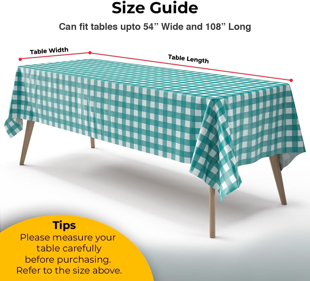 Skiennix Picnic Table Cover - Premium Teal & White Checkered Plastic Tablecloth - 54" x 108" Rectangle