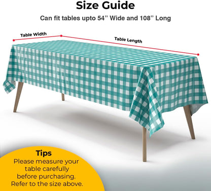 Skiennix Picnic Table Cover - Premium Teal & White Checkered Plastic Tablecloth - 54" x 108" Rectangle