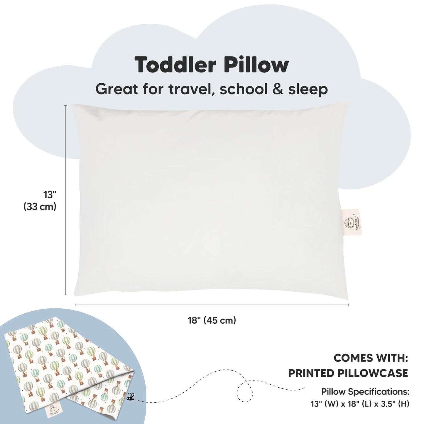 My Little Dreamy Toddler Pillow - Soft Organic Cotton Travel Pillow with Pillowcase | 13x18, Machine Washable, Hot Air Balloon Design