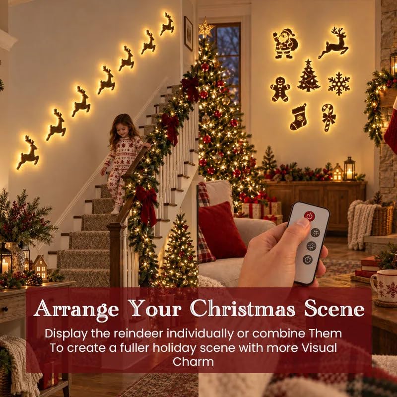LED Reindeer Wall Decorations - 7-Piece 3D Light-Up Xmas Silhouette Set (Variation A-7PCS)