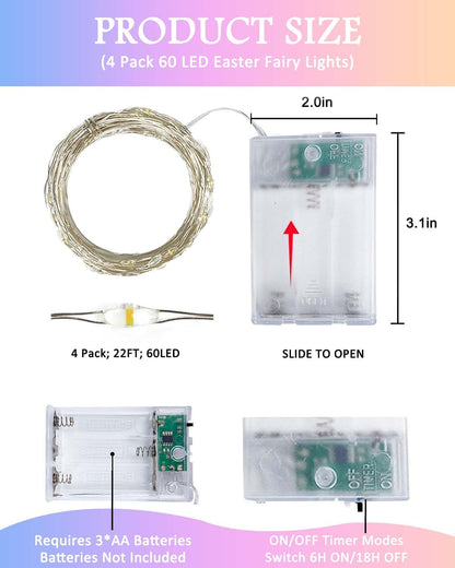 Skiennix 60LED Easter Fairy Lights - 20FT Waterproof Twinkle String Lights | Battery Operated with Timer for Indoor/Outdoor Spring Decor