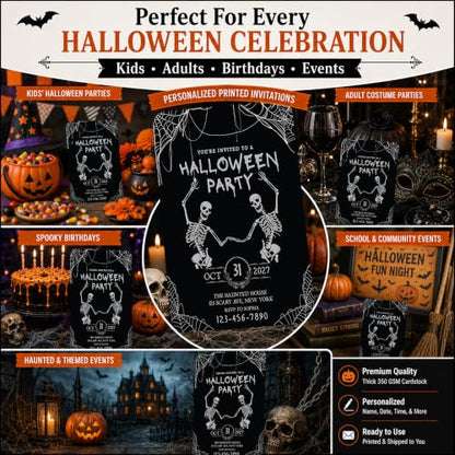 Personalized Halloween Party Invitations with Envelopes, 24 Pack - Thick 5x7 Spooky Skeletons & Cobweb Design