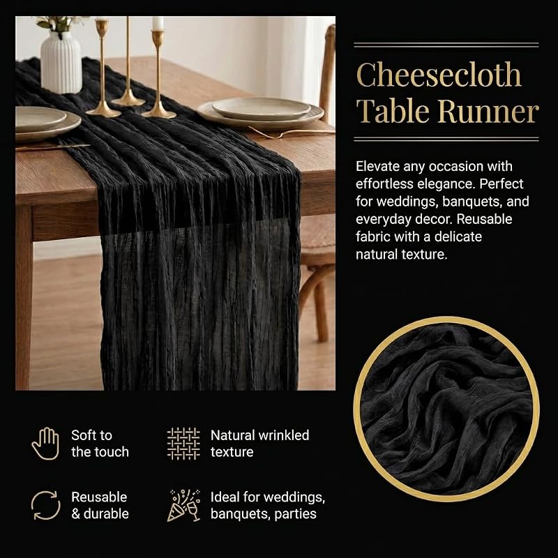 6 Pack Black Cheesecloth Table Runner 17x108 - Semi Sheer Boho Gauze for Wedding, Party & Baby Shower (Variation: Black)