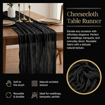 6 Pack Black Cheesecloth Table Runner 17x108 - Semi Sheer Boho Gauze for Wedding, Party & Baby Shower (Variation: Black)