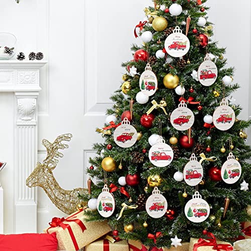 Retro 12 Pack Christmas Red Truck Wooden Tree Ornaments - Buffalo Plaid