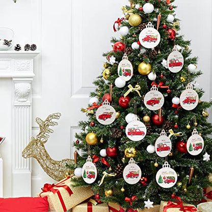 Retro 12 Pack Christmas Red Truck Wooden Tree Ornaments - Buffalo Plaid
