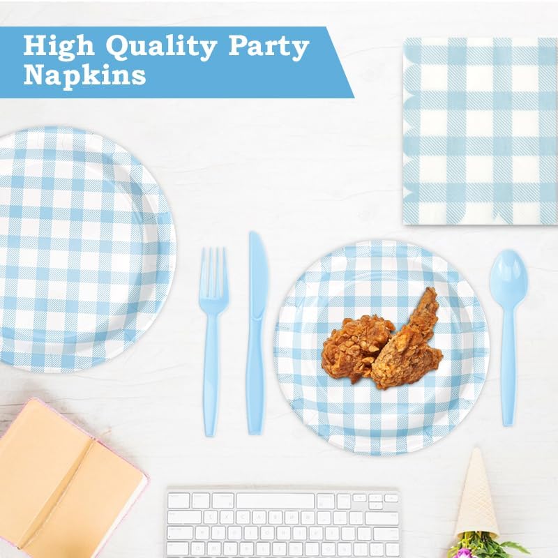 Skiennix 168Pcs Gingham Party Supplies - Disposable Dinner Set for 24 Guests | Blue Plates, Napkins & Cutlery