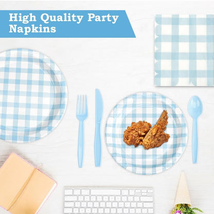 Skiennix 168Pcs Gingham Party Supplies - Disposable Dinner Set for 24 Guests | Blue Plates, Napkins & Cutlery