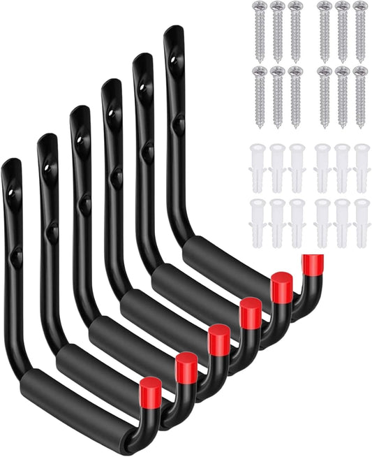 **Heavy Duty Garage Hooks - 6 Pack Utility Steel Wall Mount Organizers with EVA Foam Padding | 5.51 Inch**