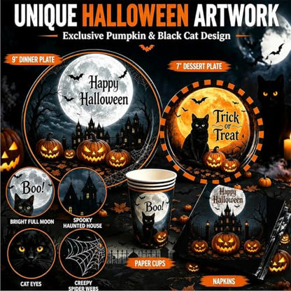 Halloween Party Supplies Set for 24 Guests - Plates, Napkins, Cups & Tablecloth