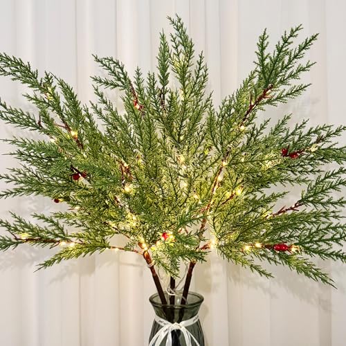 Pine Needle Christmas Lighted Branches Set - 3 Pieces, 90 Lights, Battery Operated