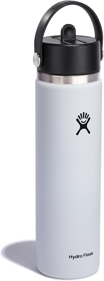 Hydro Flask Water Bottle - Insulated Stainless Steel - Leakproof Wide Straw Lid | 24 Oz White