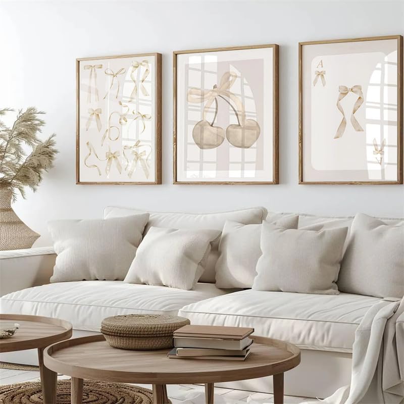 Framed Triptych Wall Art Set - Beige Coquette Bows Canvas with Frame - 22x16 Inches