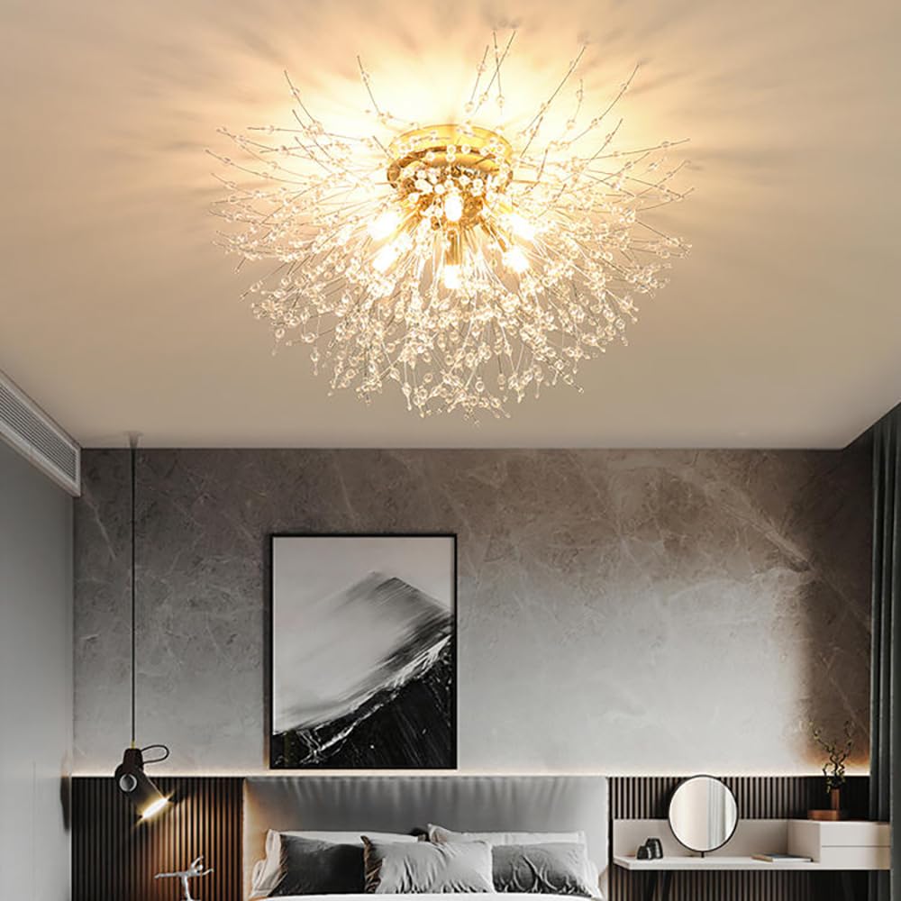 Crystal Flush Mount Ceiling Light, Gold Modern Sputnik Firework Close to Ceiling Lamp, LED Flower Ceiling Light Fixtures for Living Room Bedroom Kitchen Island Entryway Hallway Foyer, With 9 G9 Bulbs