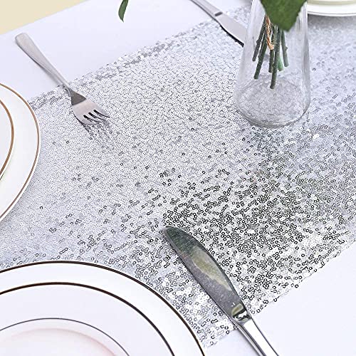 Eternal Beauty Silver Sequin Table Runner 12x72 Inch 2PCS - Elegant Party Decor