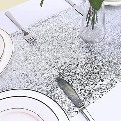 Eternal Beauty Silver Sequin Table Runner 12x72 Inch 2PCS - Elegant Party Decor