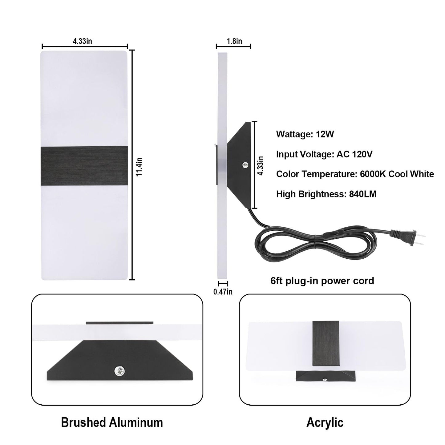 TRLIFE Wall Sconce Plug in, Modern Wall Sconces 12W LED Wall Sconce 6000K Cool White Acrylic Wall Mounted Light Wall Lights with 6FT Plug in Cord and On/Off Switch on The Cord(2 Pack, Black)