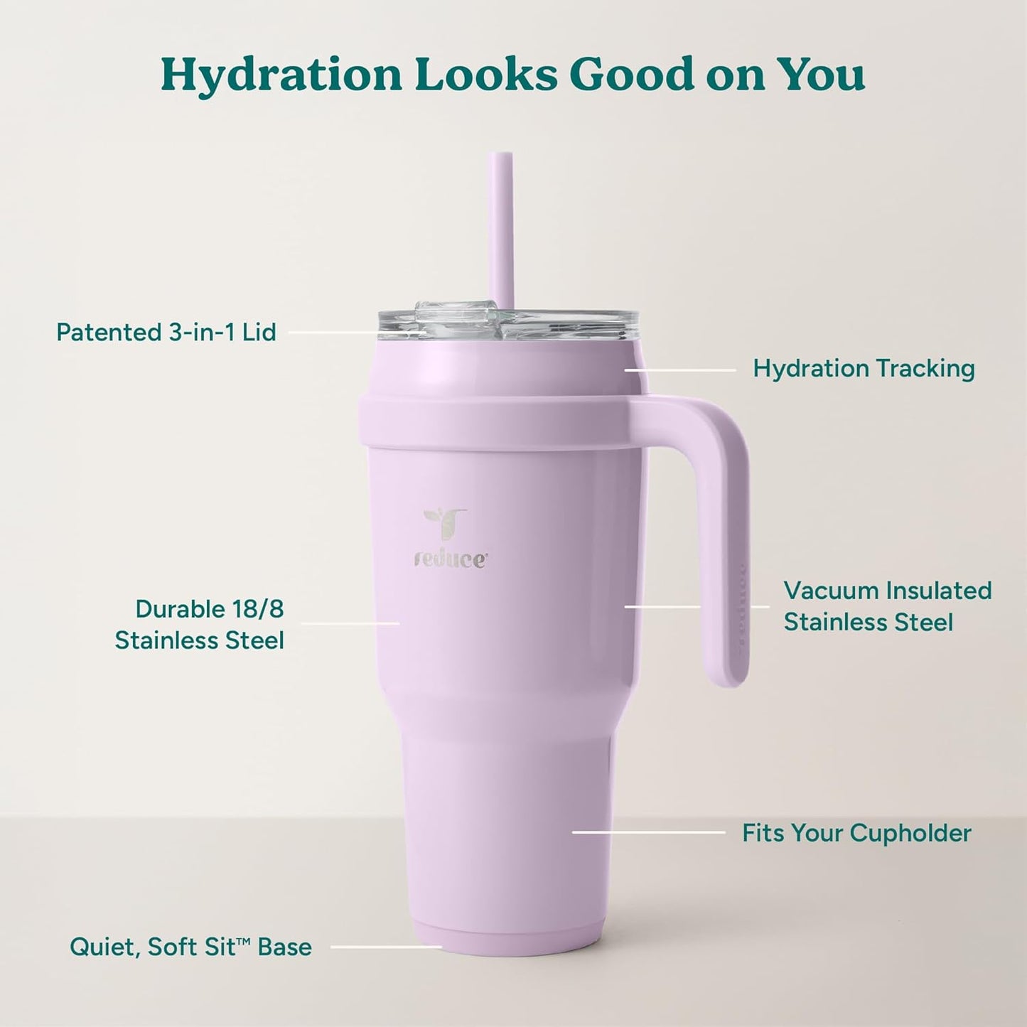 REDUCE 40 oz Stainless Steel Tumbler - Insulated Travel Mug with Handle, Sweat-Proof Lid & Reusable Straw - Keeps Drinks Cold for 24 Hrs, Fits Cupholders, Dishwasher Safe - Lilac Bud