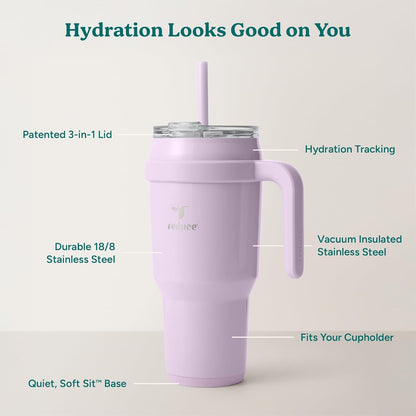 REDUCE 40 oz Stainless Steel Tumbler - Insulated Travel Mug with Handle, Sweat-Proof Lid & Reusable Straw - Keeps Drinks Cold for 24 Hrs, Fits Cupholders, Dishwasher Safe - Lilac Bud