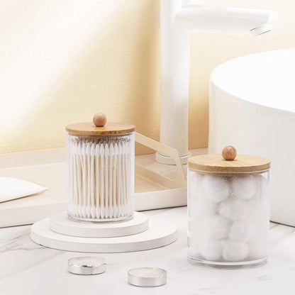 Tbestmax Qtip Holder Dispenser - 4 Pack Clear Plastic Apothecary Jars with Bamboo Lids | 12oz & 10oz Storage