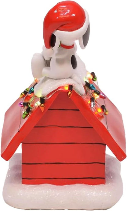 Mark Feldstein Peanuts Snoopy's Dog House Figurine - LED Christmas Lights | 7.5 Inch Red Decor