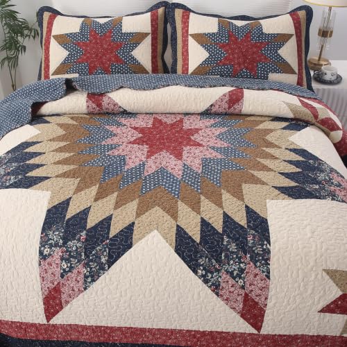 VCTOPS Vintage Star Patchwork Cotton Bedspread Quilt Set Navy Queen Variation