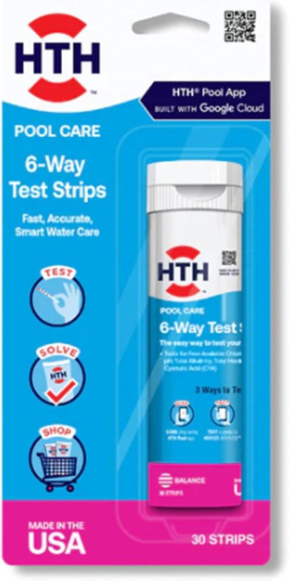 HTH 1274 Multi-Purpose 6-Way Test Strips - Accurate Swimming Pool Chemical Tester, 30 Count