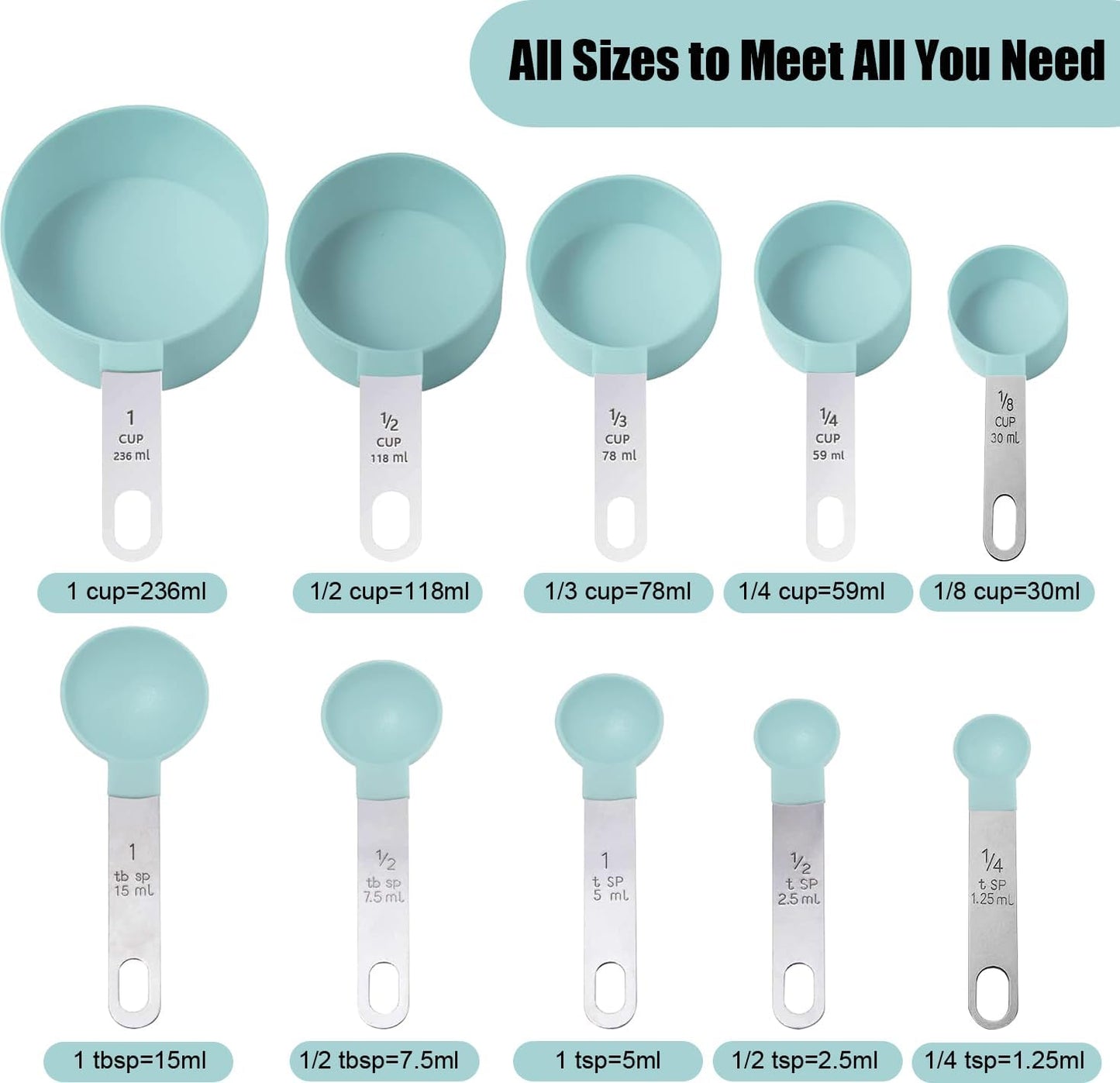 Skiennix 10-Piece Measuring Cups and Spoons Set - Stackable Kitchen Tools with Stainless Steel Handles | Mint Green