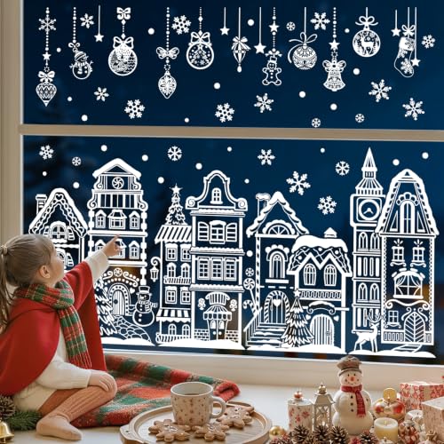 Christmas Window Clings Decals - White House Glass Stickers, Reusable Holiday Decor - Variation: No Adhesive