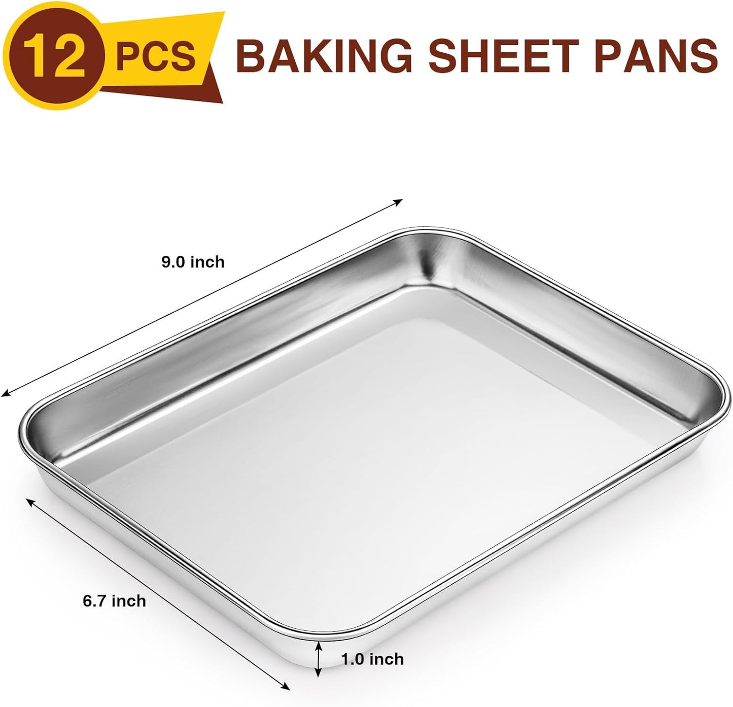 Wildone Baking Sheet Set - 12 PCS Heavy-Duty Stainless Steel Cookie & Toaster Oven Pans | Dishwasher Safe, 9 x 6.7 x 1 Inches