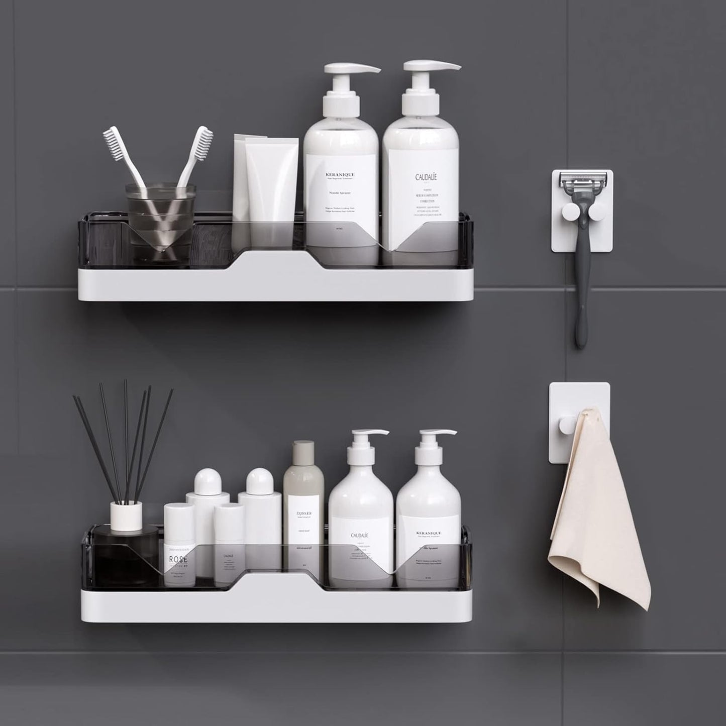 Skiennix 2-Pack Adhesive Shower Caddy - No-Drill Shower Shelves with Hooks for Bathroom & Kitchen Storage