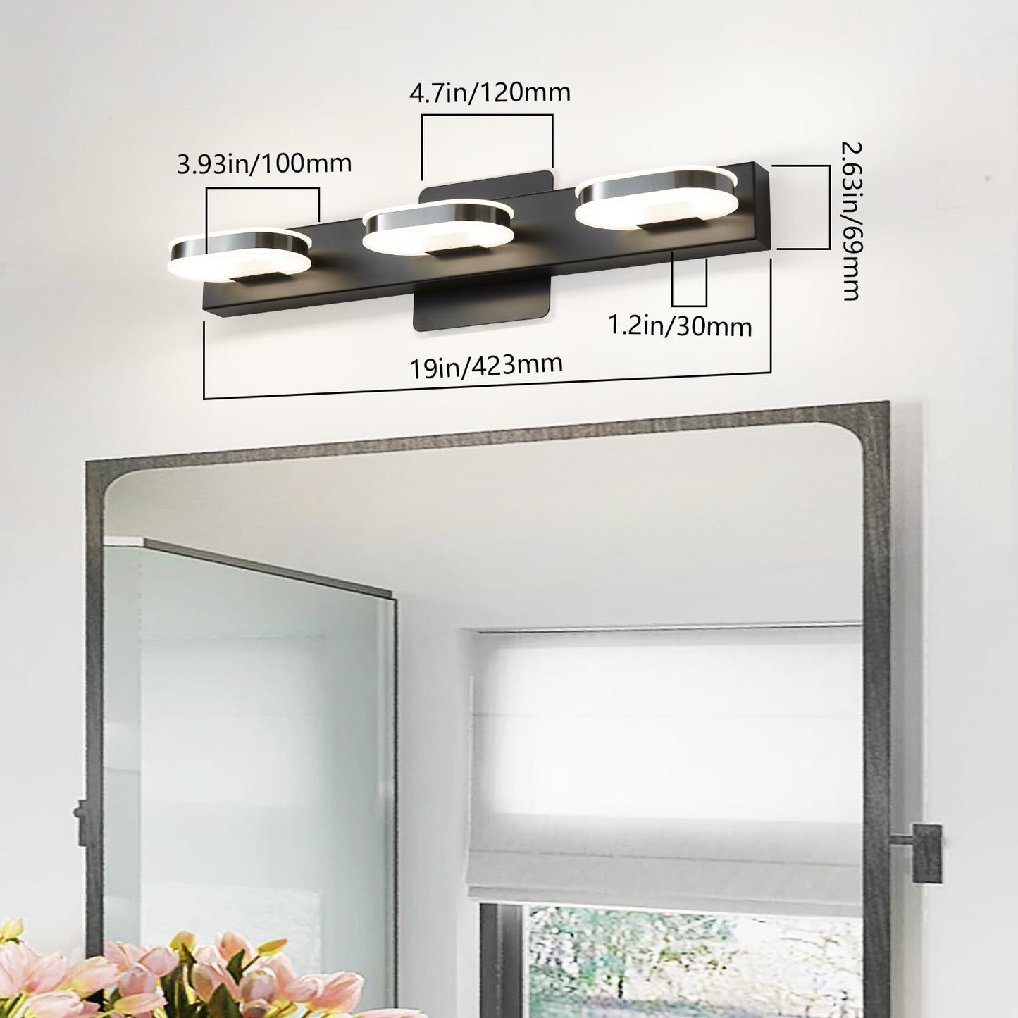 Myhaptim Modern LED 3 Lights Vanity Light for Bathroom Modern Vanity Light Fixture Wall Sconce 19 Inch Natural White Light (Black)