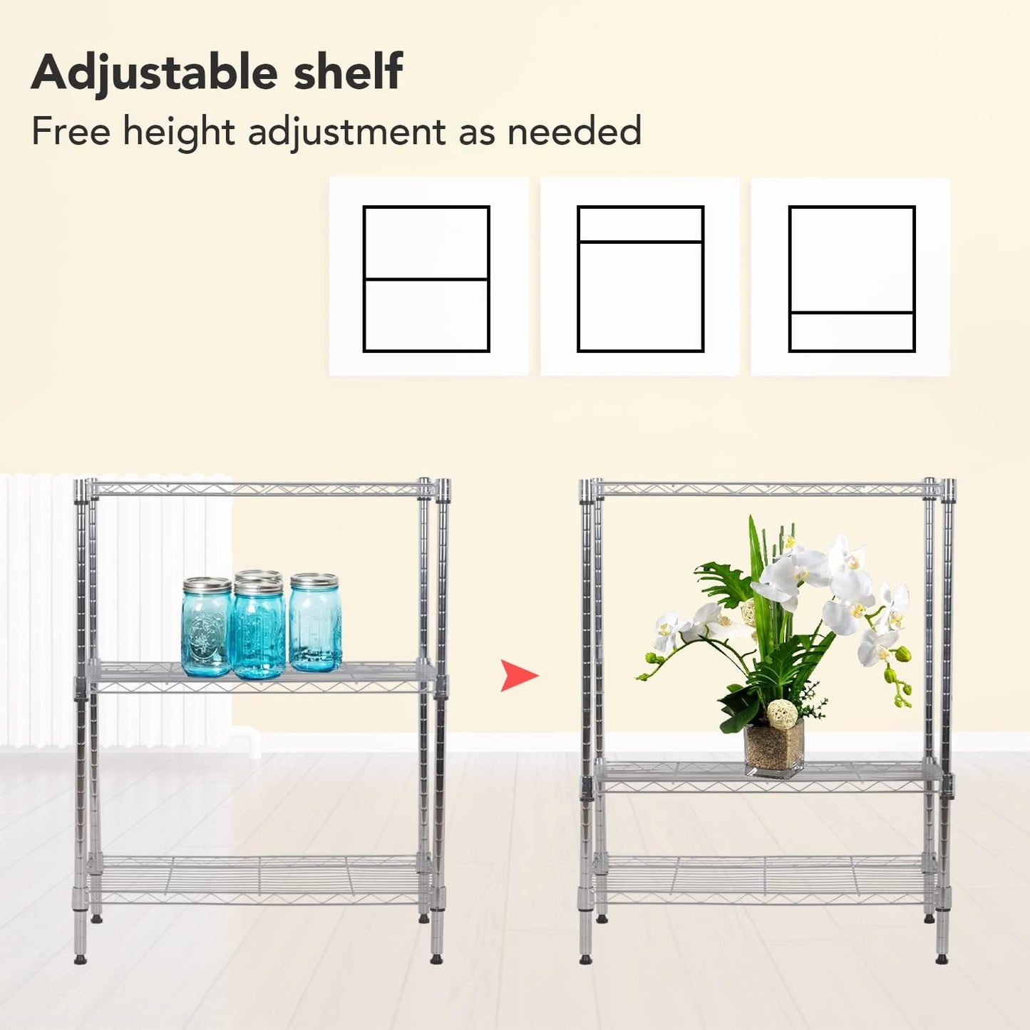 BestOffice Adjustable Metal Storage Shelves - 3-Tier Wire Rack Organizer | 450Lbs Capacity, Chrome Finish
