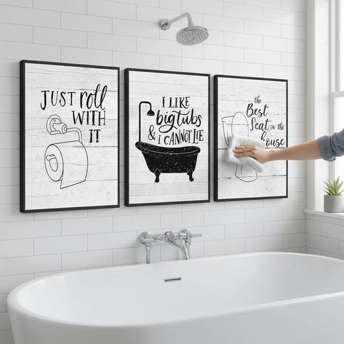 Funny Bathroom Quotes Wall Art by 3Pcs | Minimalist Black & White Prints for Washroom Decor - 12x16in Unframed